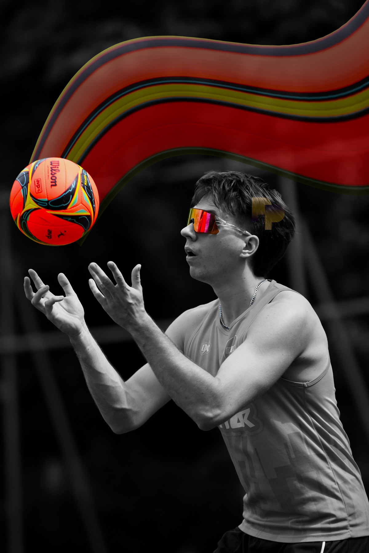 A colour-popped ball floating toward a player in sunglasses on an outdoor court, red ribbon swirling behind