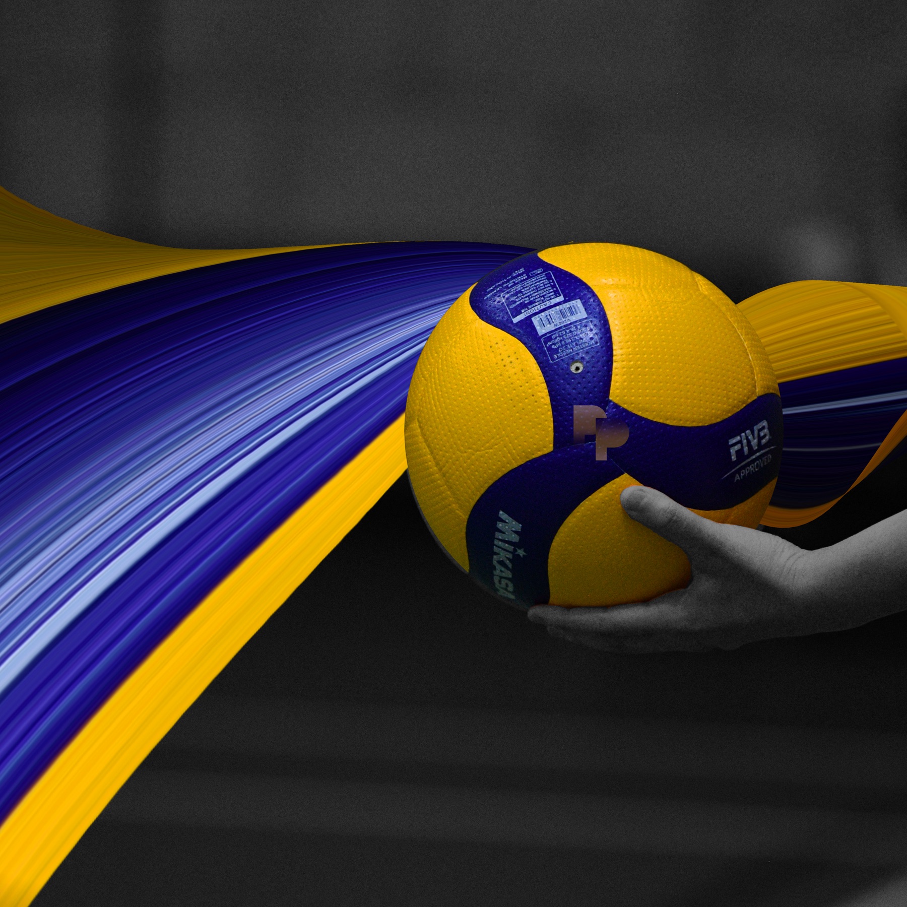 A volleyball held out in one hand, a yellow and blue ribbon streaming from it